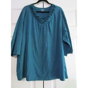 Liz & Me Pullover Womens 3X 26/28W Teal Blue Floral Neckline Embellished Top